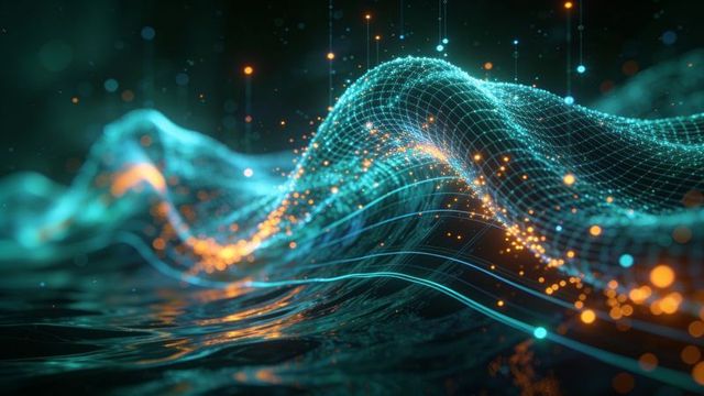 Turquoise wireframe wave with orange particle trails representing digital data flow and networking