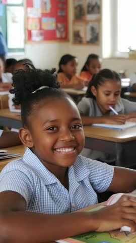 Smiling schoolgirl glancing while classmate walking behind in classroom lesson