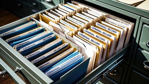 Organized filing system of criminal record folders in metal drawer