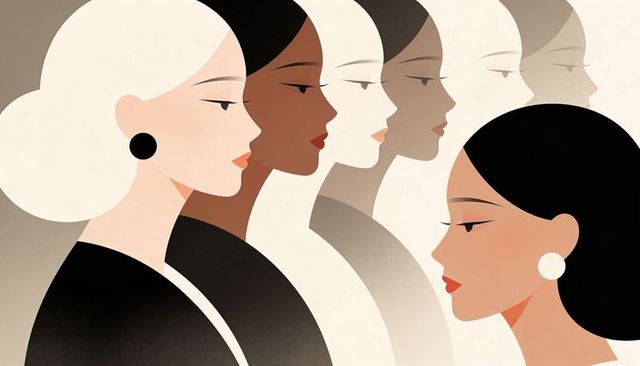 Elegant overlapping women facing left in minimal monochrome style with round earrings