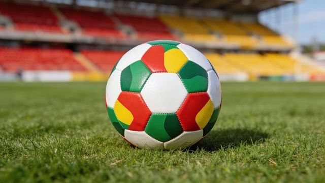 Multicolor soccer ball resting on trimmed grass with blurred stadium stands