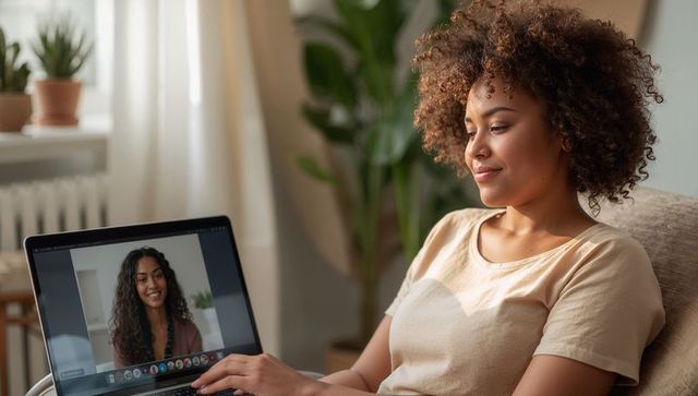 Young woman joining remote video call on laptop relaxing on sofa in cozy living room