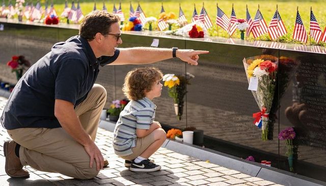Father and young son kneeling, pointing at veterans memorial wall with flags and flowers
