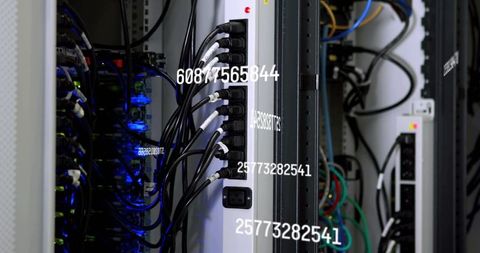 Datacenter rack pdu powering servers with bundled ac cords, blue leds and multicolor cabling