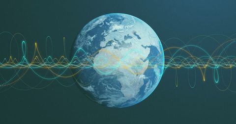 Earth with holographic spiral patterns representing global technology