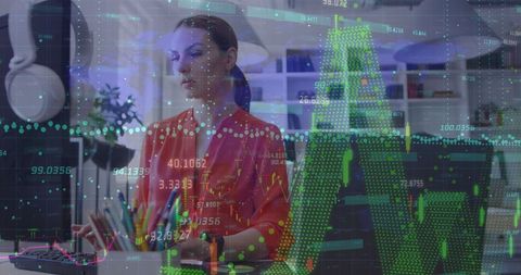 Financial analytics double exposure with businesswoman and data