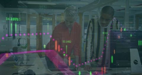 Businesspeople Analyzing Financial Data with Transparent Charts Overlay