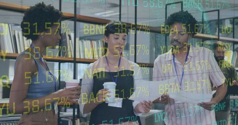 Diverse team collaborating with technology and stock market data