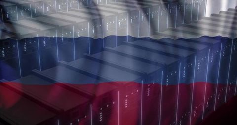 Server rack rows under russian tricolor overlay representing cybersecurity and geopolitics