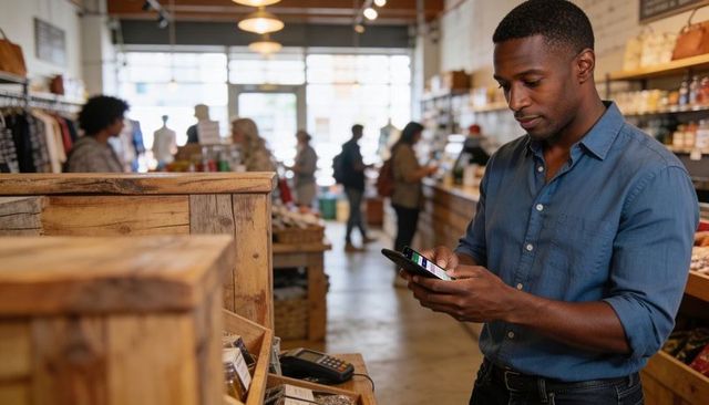 Contactless mobile payment at rustic boutique market man tapping phone near card terminal
