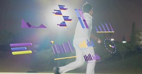 Night cricket bowler sprinting with augmented data overlays for sports analytics and broadcast