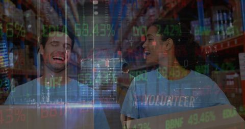 Volunteers in Warehouse Teaming with Stock Market Data Overlay