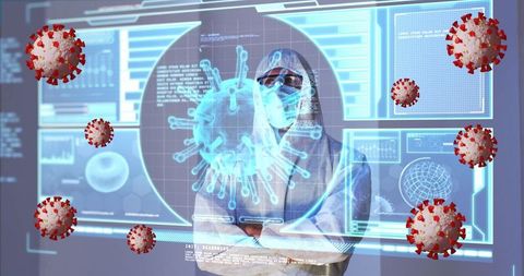 Doctor in ppe analyzing coronavirus data visualization