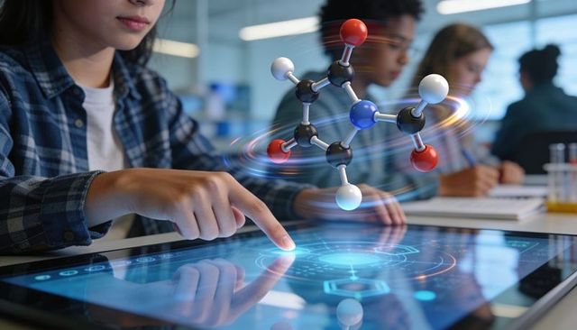 Student Interacting with Holographic 3D Molecule on Touchscreen Table in STEM Classroom