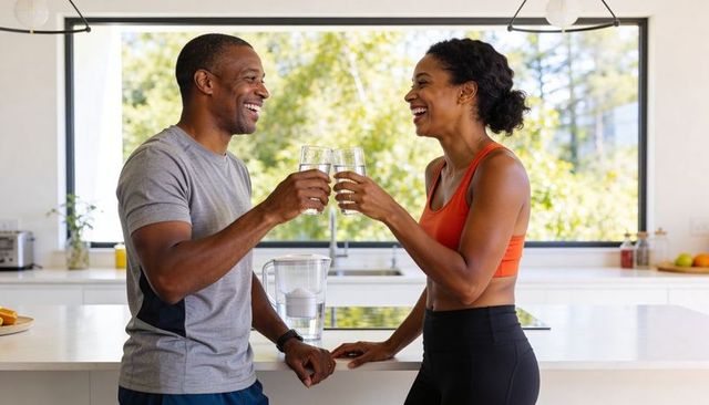 Couple toasting with water after workout at bright modern kitchen island