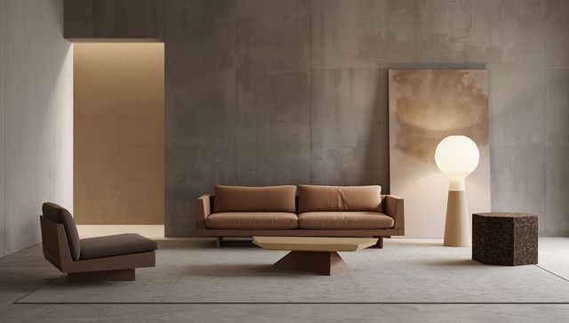 Minimalist Living Room with Brown Sofa and Geometric Decor