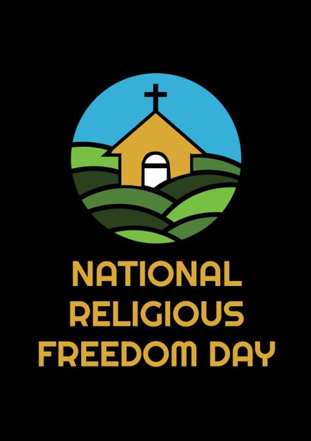 Illustration of church in circle and national religious freedom day text against black background. text, christianity, communication, nature, god and religion concept.