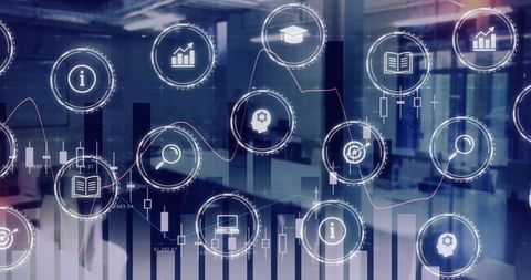 Futuristic Office with Data Analytics Visualization