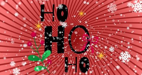 Bold ho ho ho christmas typography on red radial banner featuring falling snow and holly