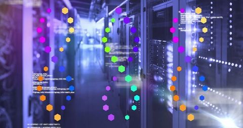 Futuristic data center with floating hexagons and code