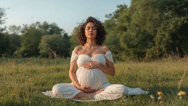 Pregnant woman meditating in wildflower meadow wearing flowing white maternity gown