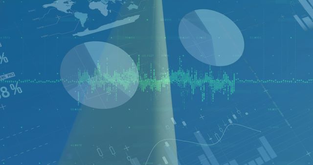 Abstract digital data visualization featuring blue background with data charts, graphs, and sound waves. Suitable for presentations, technology blogs, websites discussing data analysis, financial reports, and tech company branding.