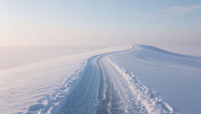 Winding tire track crossing remote frozen plain leading toward low snow ridge at dawn