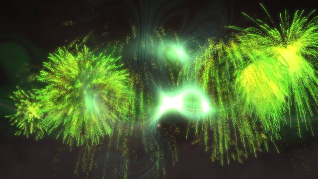 Vibrant green fireworks illuminating against a dark night sky can be used for promotions of celebrations, New Year's Eve events, festivals, or parties. Suitable for backgrounds in visually stimulating presentations, event advertisements, or festive greeting cards.