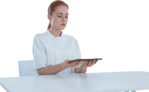 Transparent Young Businesswoman Holding Tablet at Desk - Download Free Stock Videos Pikwizard.com