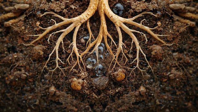 Underground Root Network Showing Mycorrhizal Nodules and Water Droplets