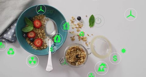 Healthy Breakfast with Granola and Berries Surrounded by Eco-Friendly Icons