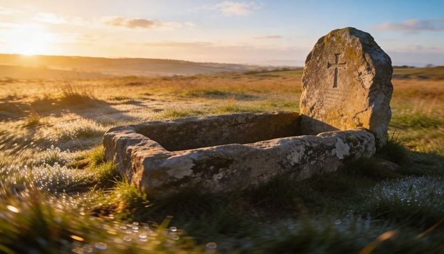 Sunlit ancient stone sarcophagus on moor at dawn with dew, carved cross and golden light