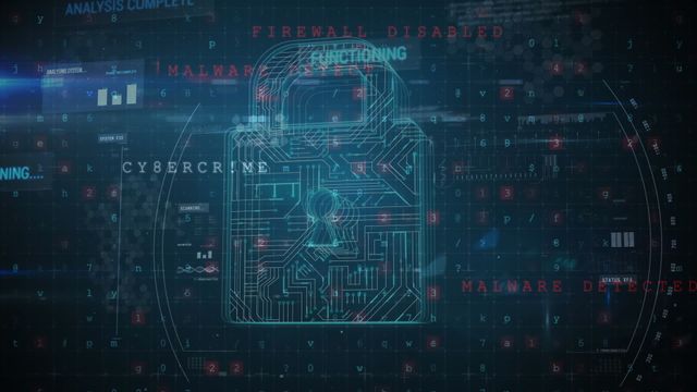 Detailed digital padlock with alerts and warnings on a hi-tech navy background. Depicts concepts of internet and data security, suitable for content related to cybersecurity, data protection measures, and online threats.