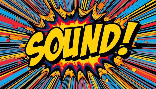 Sound! comic burst graphic bursting with neon pop art streaks and ink splatter retro