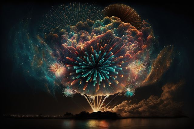 Bright and vibrant fireworks lighting up the night sky over a calm body of water. Useful for celebrating holidays, events, or festive occasions. Ideal for use in promotional materials, event invitations, social media content, and greeting cards.