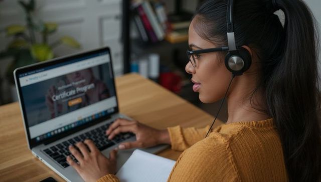 Young woman taking online certification course at home desk wearing headset and glasses