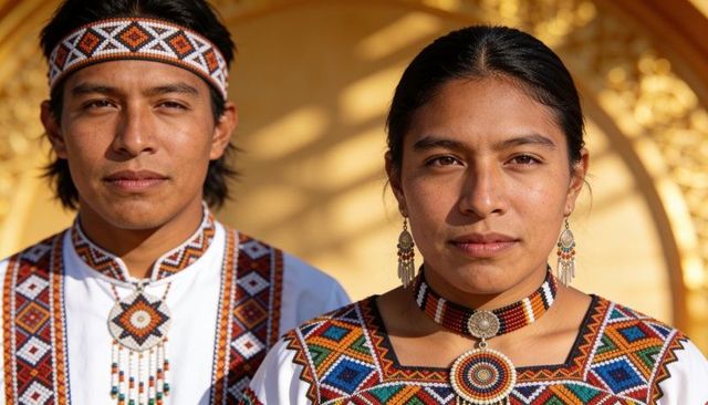 Couple wearing vibrant geometric beadwork ceremonial attire with chokers and headband