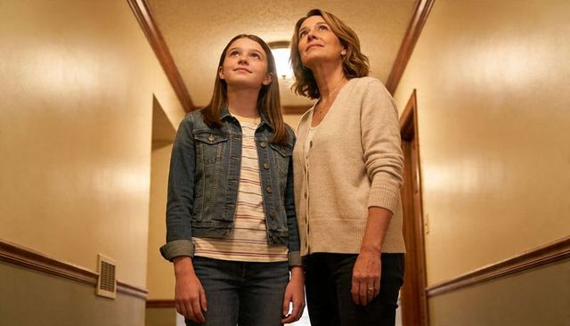 Gazing mother and daughter in warm hallway wearing denim jacket and cardigan