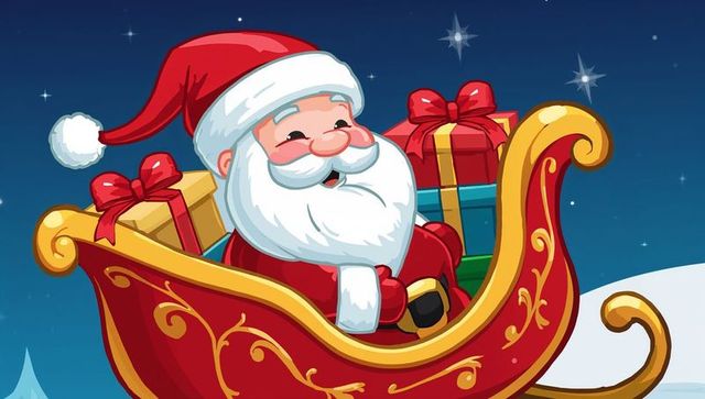 Santa Claus Riding Ornate Sleigh with Gifts under Starry Night