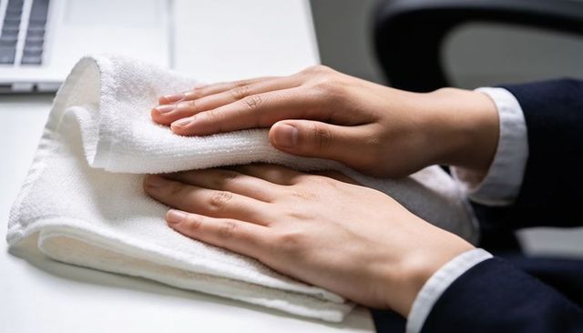Resting hands on folded white towel at minimalist office desk with laptop