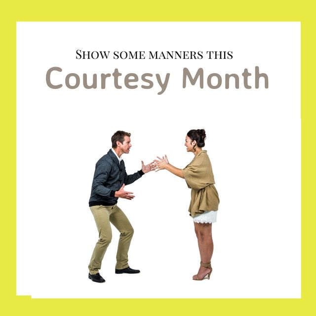This image of a Caucasian couple arguing with text promoting manners for Courtesy Month can be used in awareness campaigns, relationship advice articles, social media posts focusing on conflict resolution, and communications about courtesy and politeness. It highlights the importance of maintaining manners even during disagreements, making it ideal for educational and promotional materials.