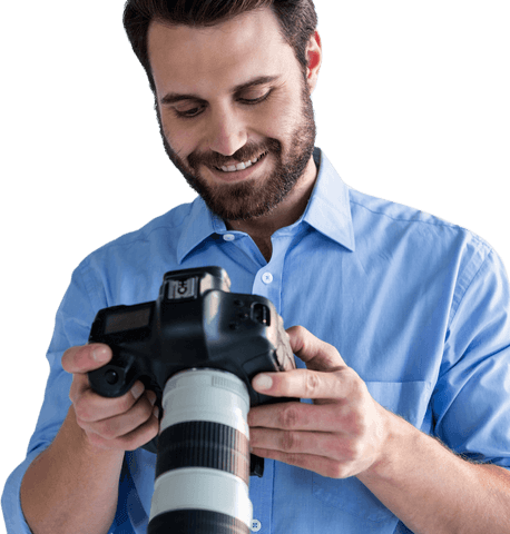 Smiling Young Photographer Adjusting Professional Camera Settings Transparent - Download Free Stock Videos Pikwizard.com