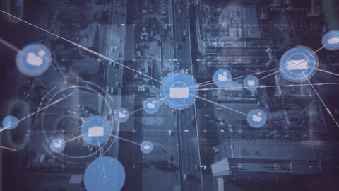 Digital Network Overlay on Urban Landscape Depicting Global Connections