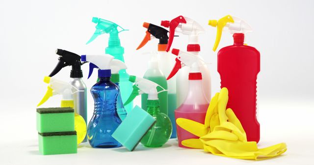 Various Colorful Cleaning Supplies and Tools on White Background - Download Free Stock Images Pikwizard.com