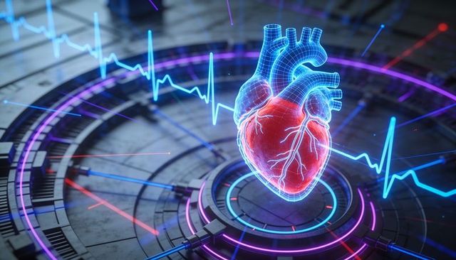 Holographic anatomical heart hovering over futuristic platform with neon ecg trace