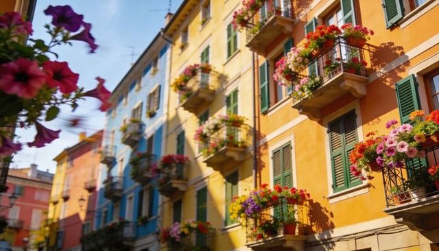 Sunlit mediterranean facades with blooming balconies and green shutters on narrow alley