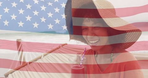 Woman Relaxing at Beach with US Flag Overlay