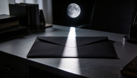 Moonbeam Illuminating Sealed Black Envelope on Night Desk with Books and Keyboard