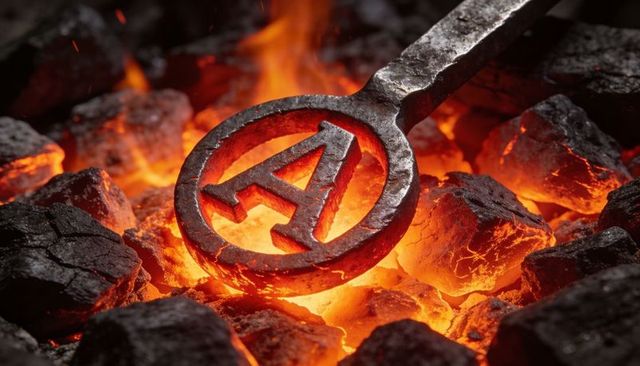 Molten letter a branding iron glowing among coal embers and flames for forging