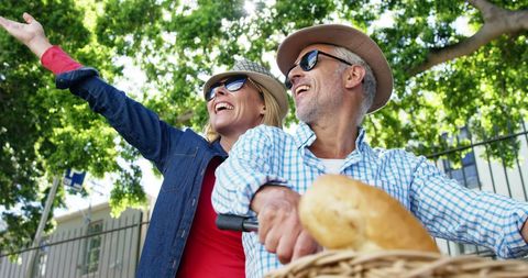 Joyful Senior Couple Riding Tandem Bicycle on Sunny Day